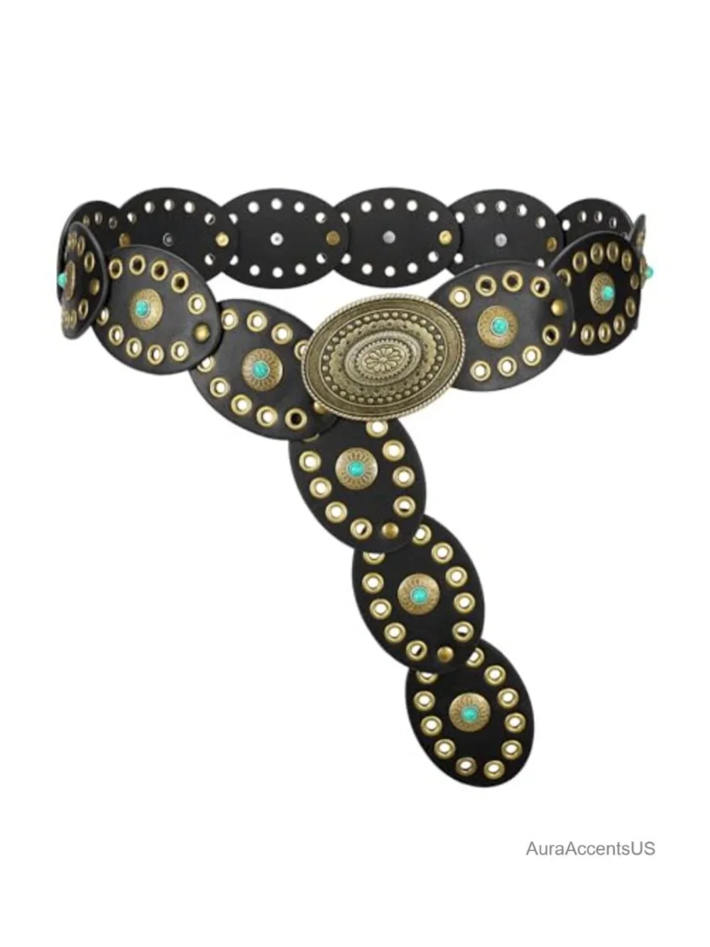 Wide Cowgirl Disc Belt with Turquoise Concho PU Leather Western Belt for Dress